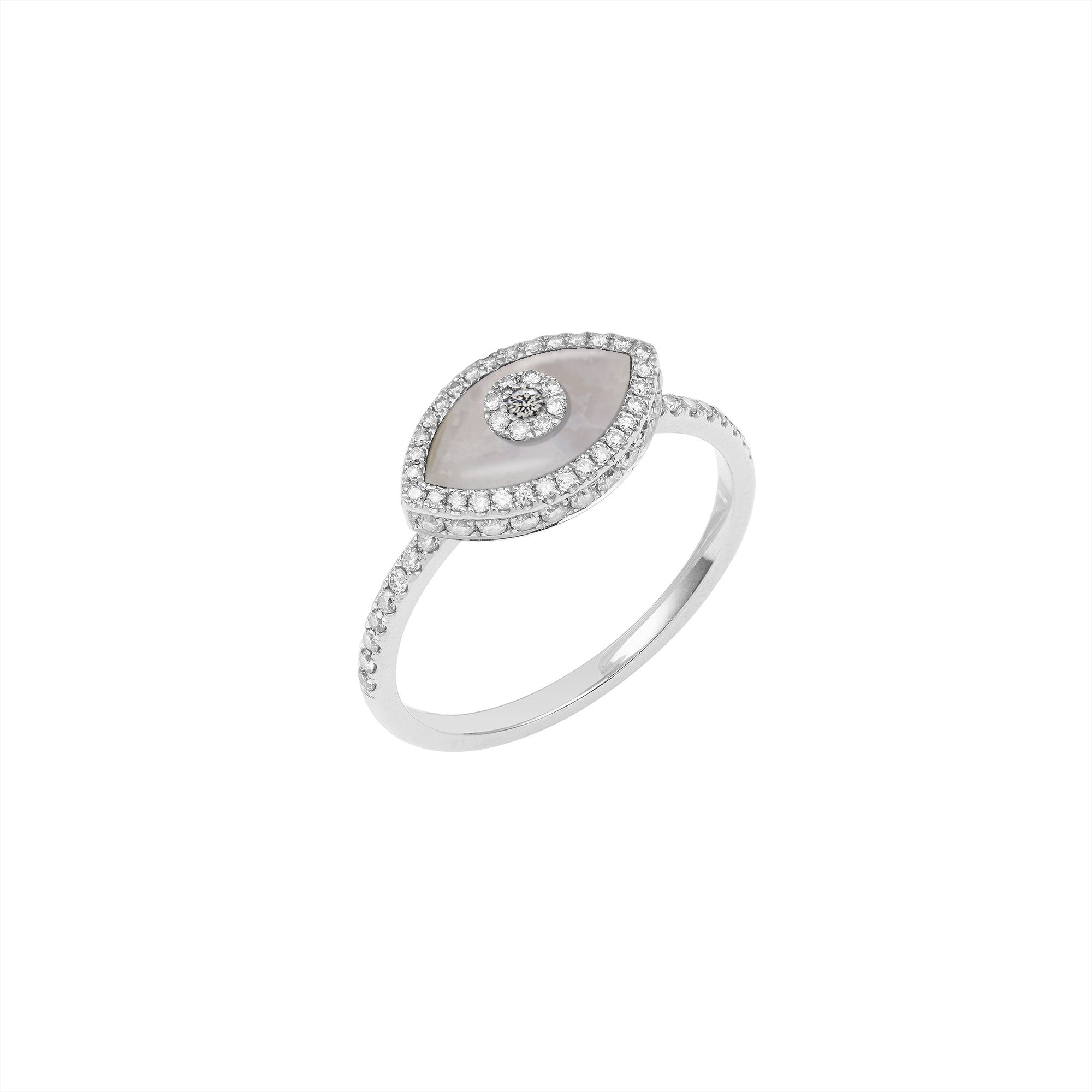 Endza Blue Chalcedony Evil Eye Ring in 14K White Gold with Natural Diamonds