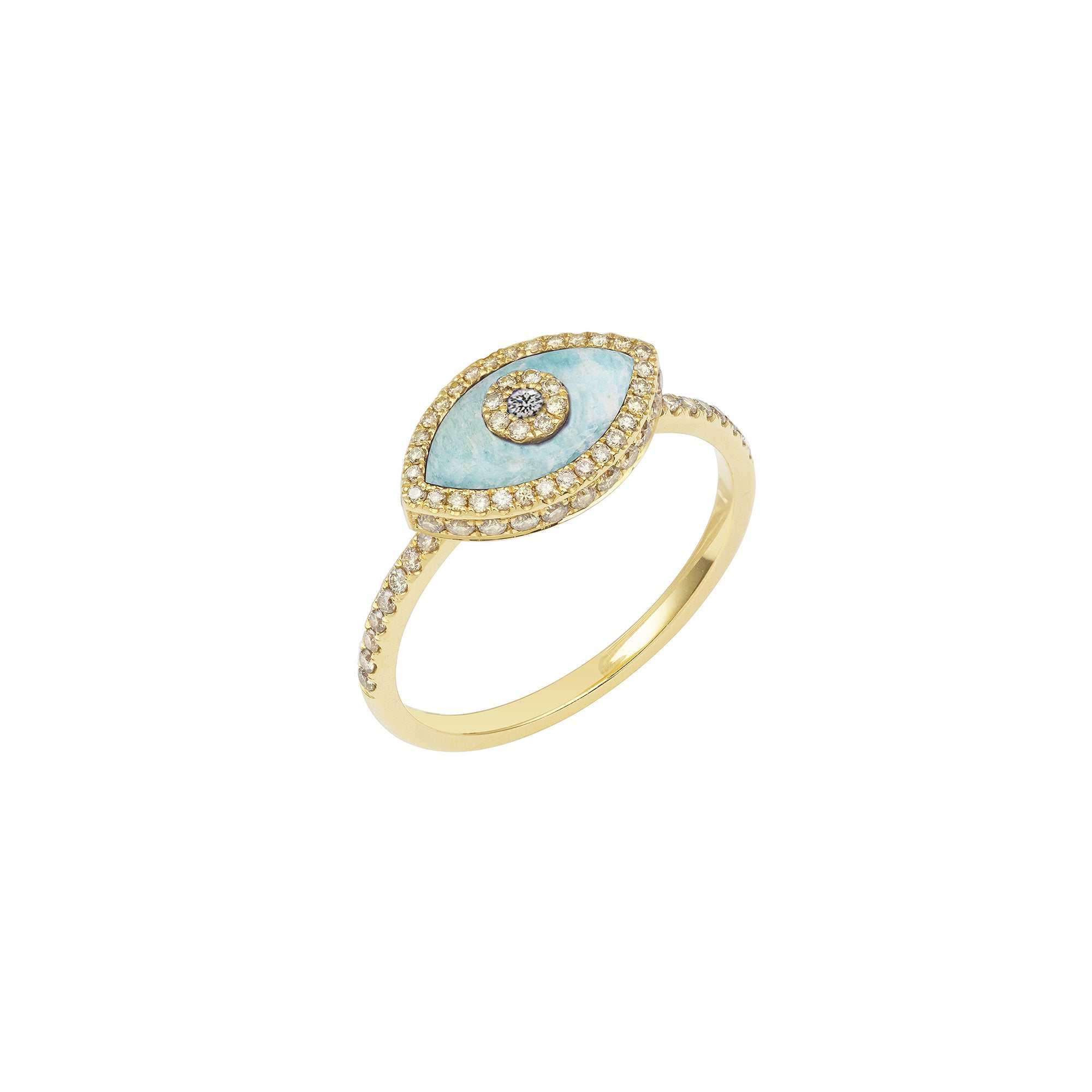 14K yellow gold Endza Ring with Amazonite evil eye and pavé white diamonds