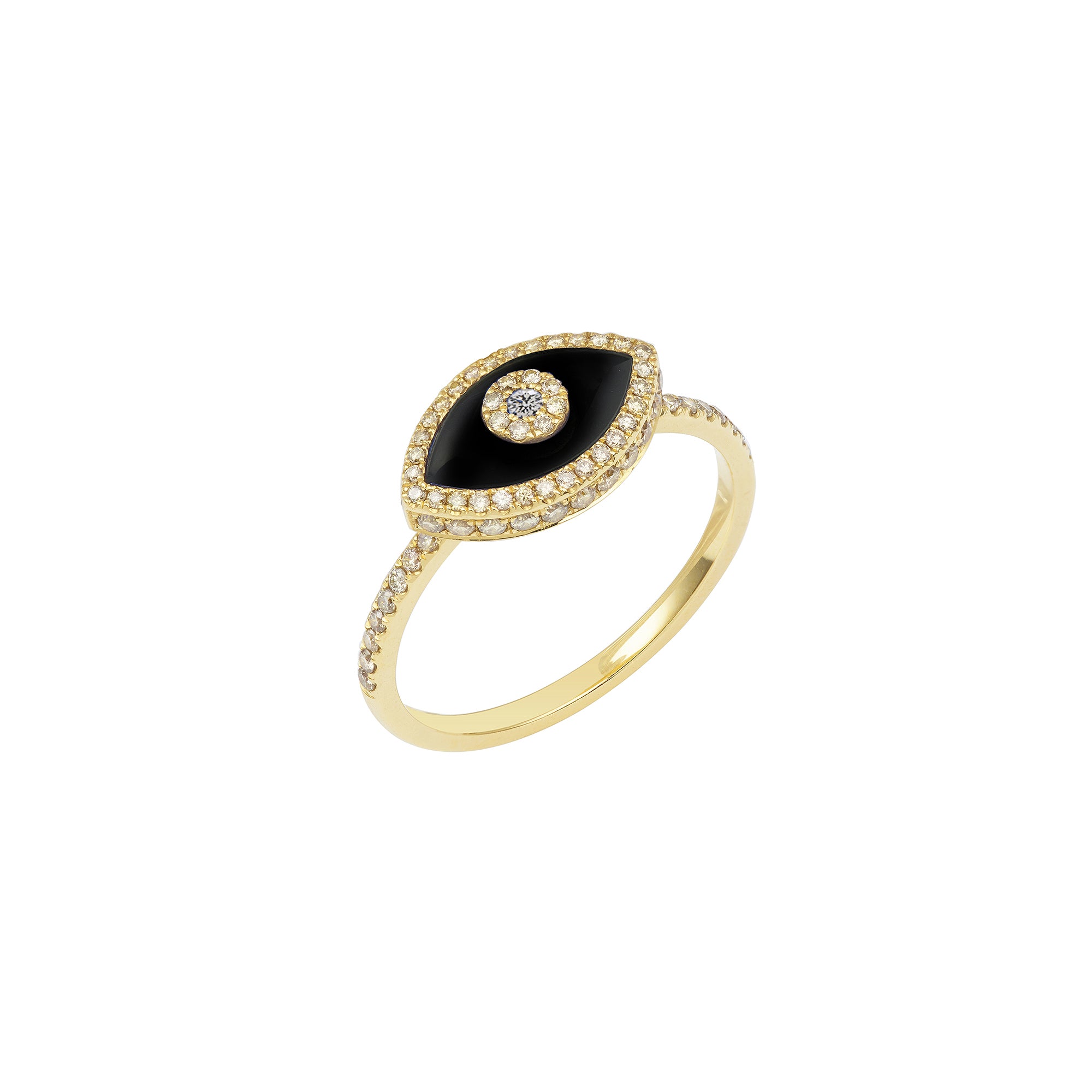 14K yellow gold Endza Ring with Black Onyx evil eye and pavé white diamonds