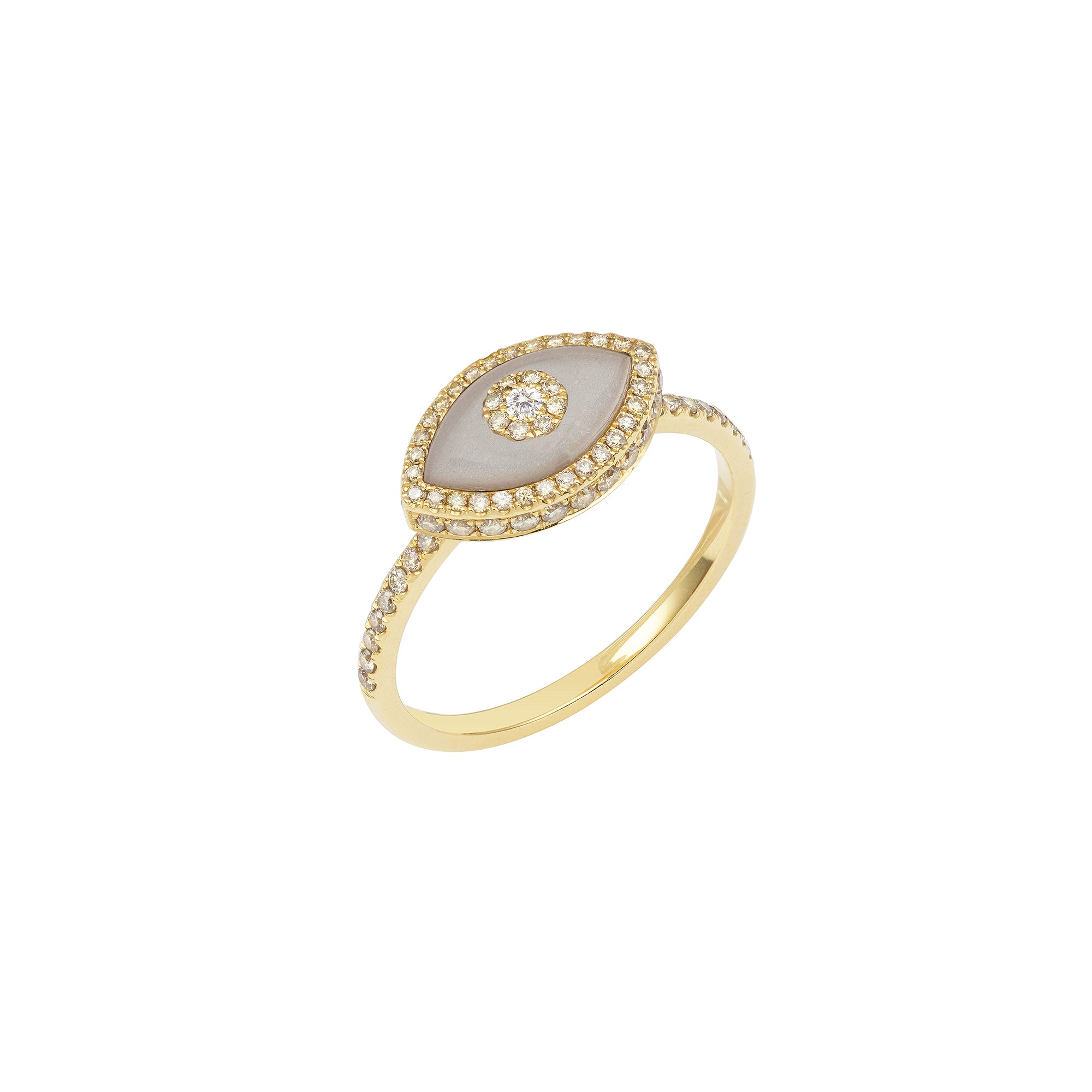 14K yellow gold Endza Ring with Moonstone beige evil eye and pavé white diamonds