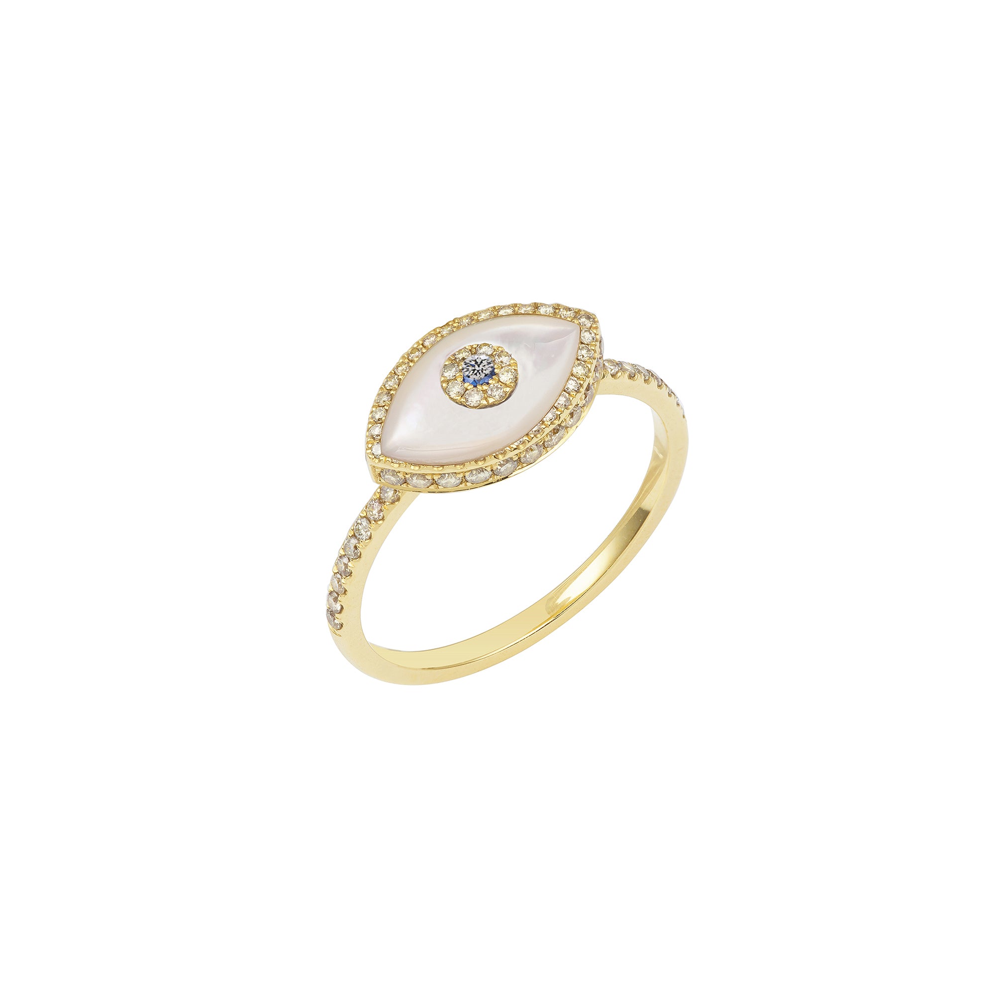 14K yellow gold Endza Ring with Mother of Pearl evil eye and pavé white diamonds