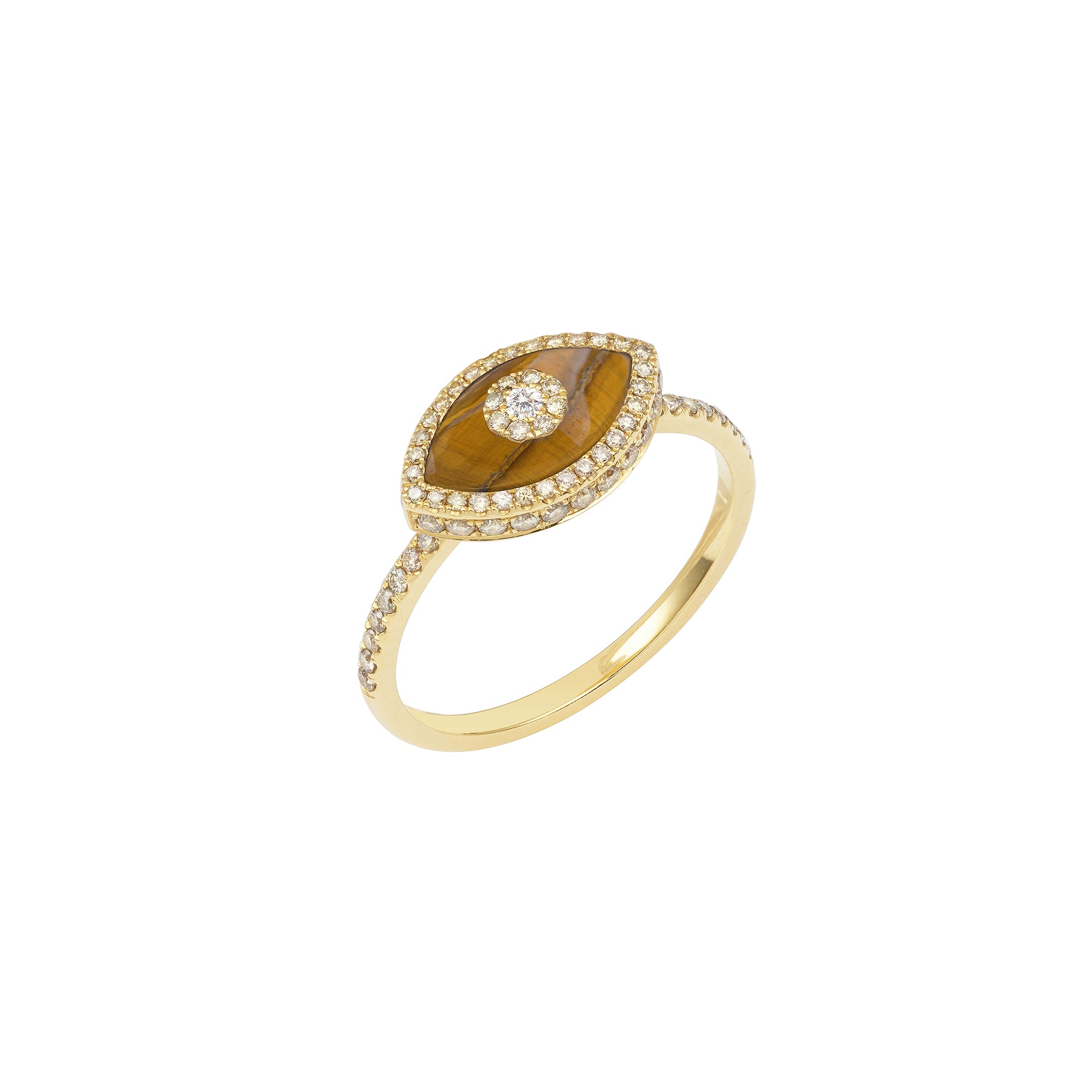 14K yellow gold Endza Ring with Tiger Eye evil eye and pavé white diamonds