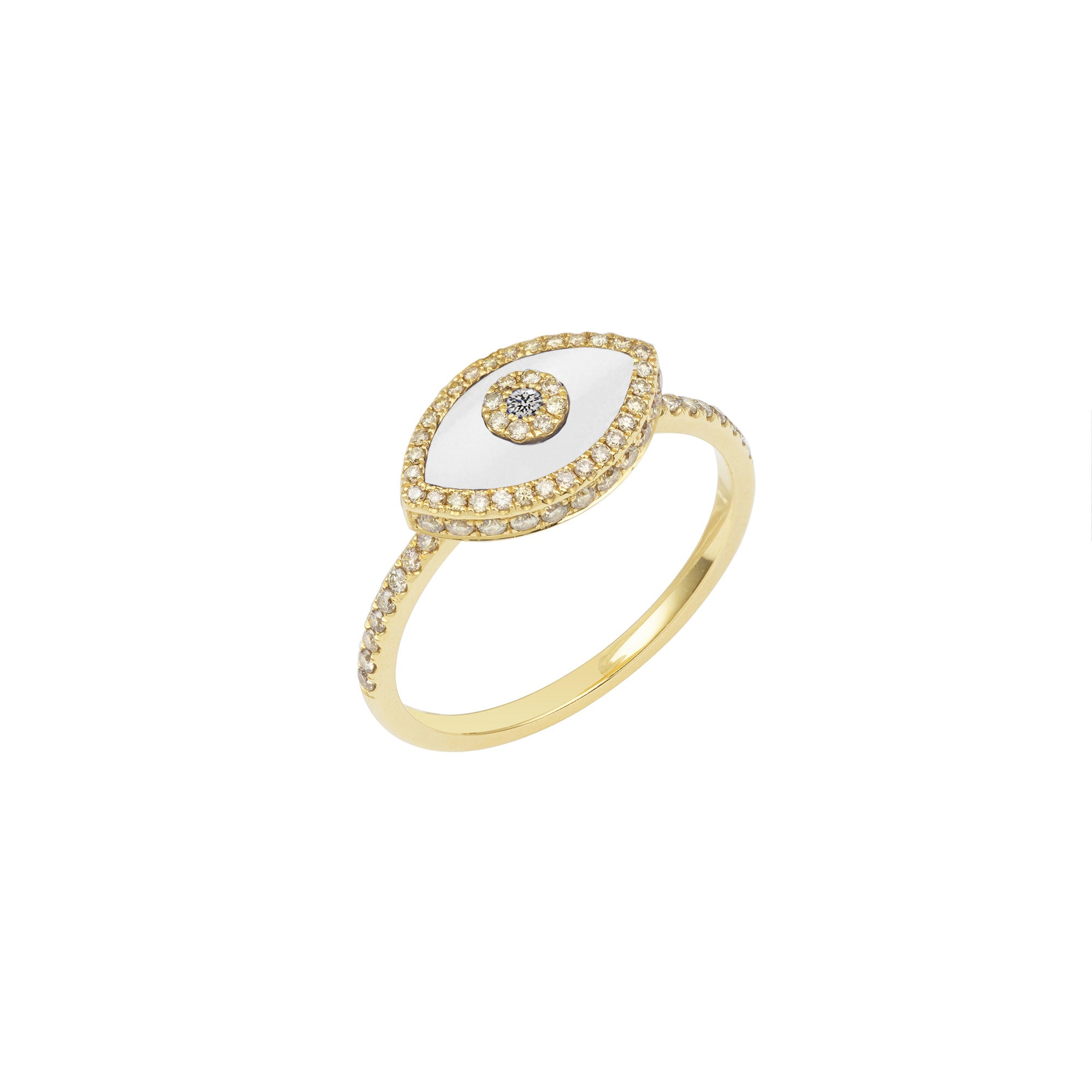 14K yellow  gold Endza Ring with White Onyx evil eye and pavé white diamonds