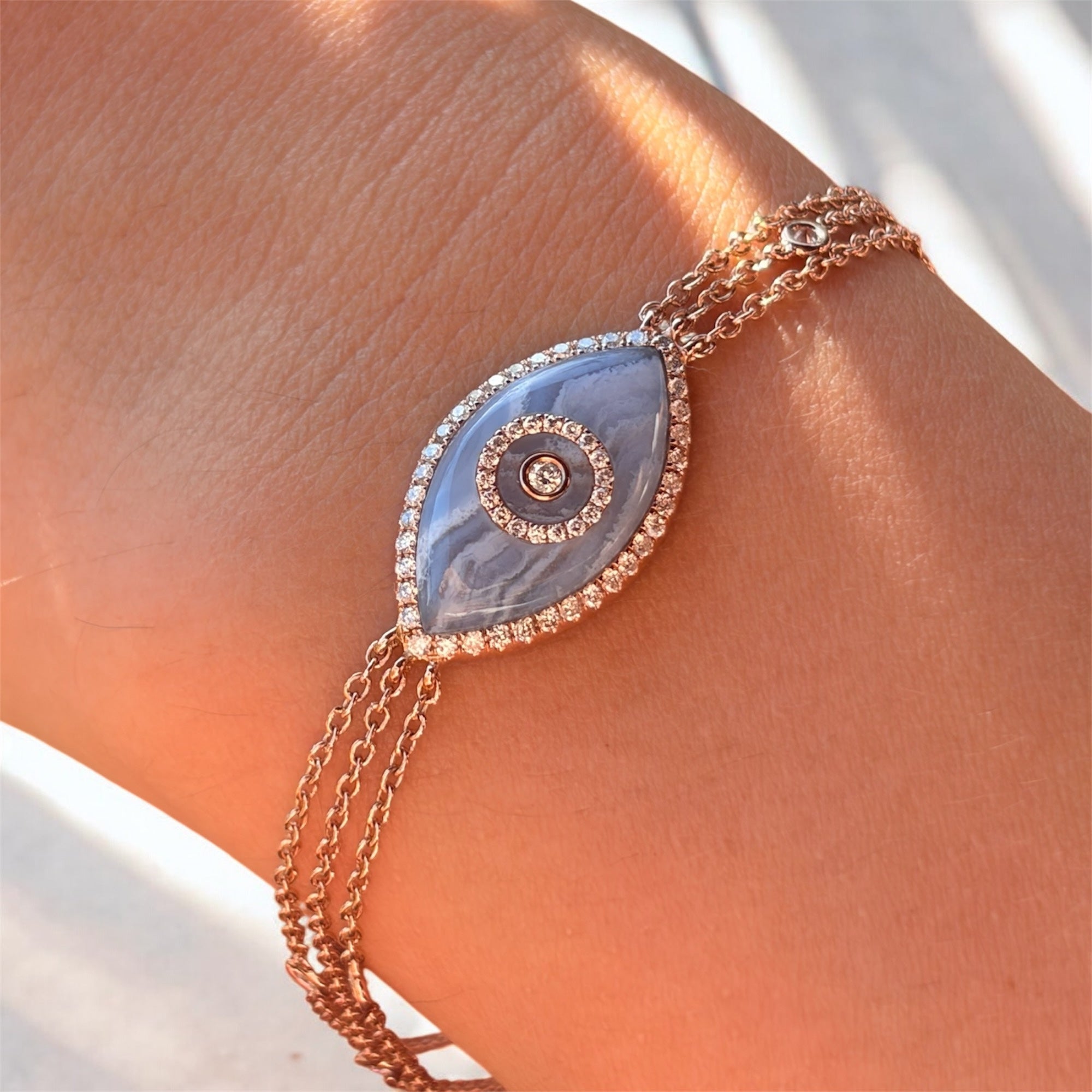 Endza Blue Chalcedony Evil Eye Bracelet in 14K Rose Gold with Natural Diamonds