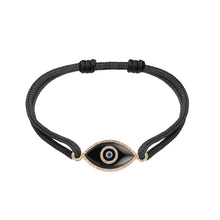 Load image into Gallery viewer, 14K rose gold Link Bracelet with Black Onyx evil eye, pavé diamonds, and sapphire
