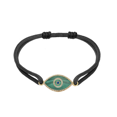 14K yellow gold Link Bracelet with Malachite evil eye, pavé diamonds, and sapphire