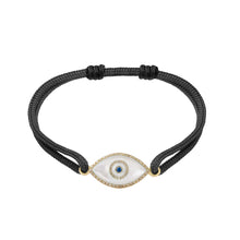 Load image into Gallery viewer, 14K yellow gold Link Bracelet with Mother of Pearl evil eye, pavé diamonds, and sapphire
