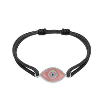 Load image into Gallery viewer, 14K white gold Link Bracelet with Peach Jade evil eye, pavé diamonds, and sapphire
