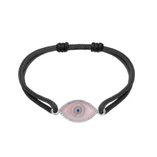 Load image into Gallery viewer, 14K white gold Link Bracelet with Pink Opal evil eye, pavé diamonds, and sapphire
