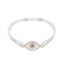 Load image into Gallery viewer, 14K rose gold Link Bracelet with White Onyx evil eye, pavé diamonds, and sapphire.
