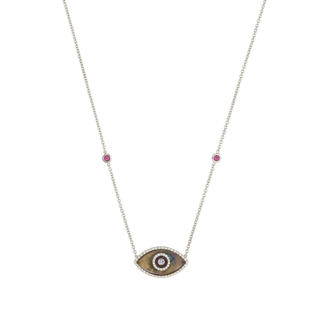 ENDZA Evil Eye Necklace in Labradorite and White Gold Elegant Protection Talisman Tradition and Timeless Design