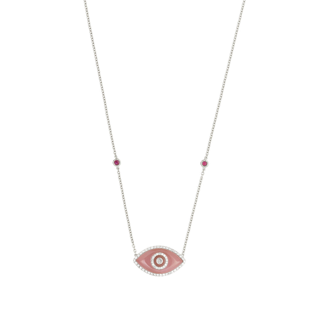 ENDZA Evil Eye Necklace in Peach Jade and White Gold Elegant Protection Talisman Tradition and Timeless Design