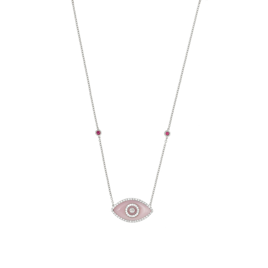 ENDZA Evil Eye Necklace in Pink Opal and White Gold Elegant Protection Talisman Tradition and Timeless Design