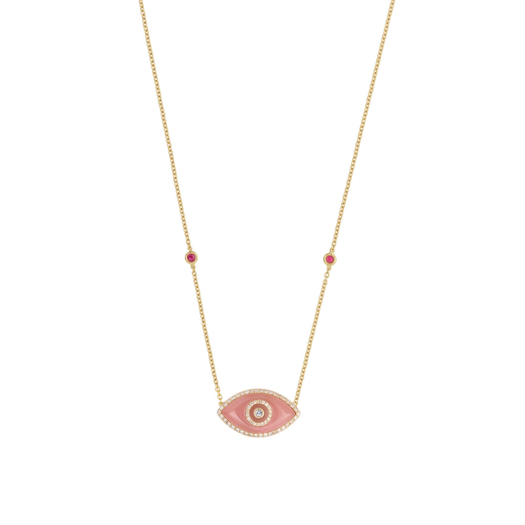 ENDZA Evil Eye Necklace in Peach Jade and Yellow Gold Elegant Protection Talisman Tradition and Timeless Design