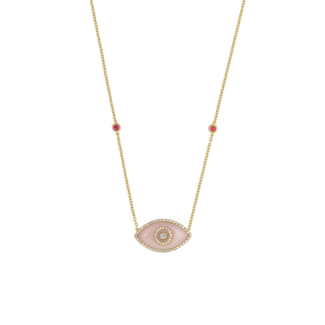 ENDZA Evil Eye Necklace in Pink Opal and Yellow Gold Elegant Protection Talisman Tradition and Timeless Design