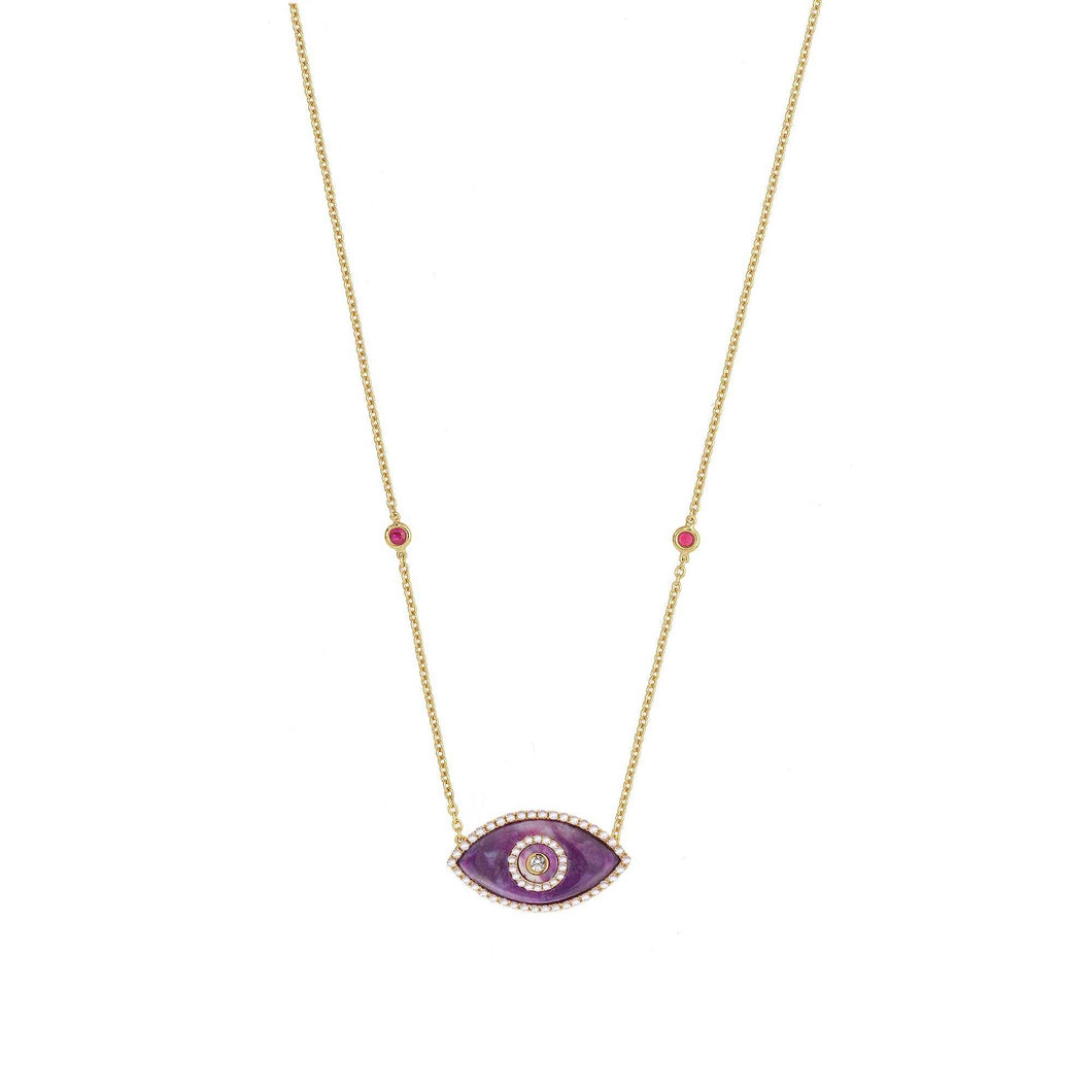 ENDZA Evil Eye Necklace in Sugilite and Yellow Gold Elegant Protection Talisman Tradition and Timeless Design