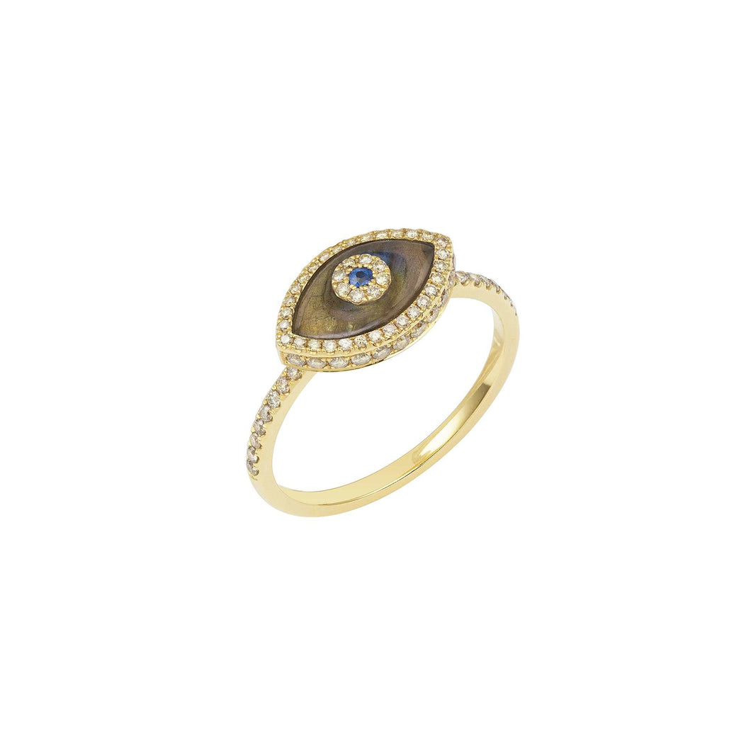 Endza Evil Eye Ring in Labradorite and Yellow Gold Protection Tradition Luxurious Talisman