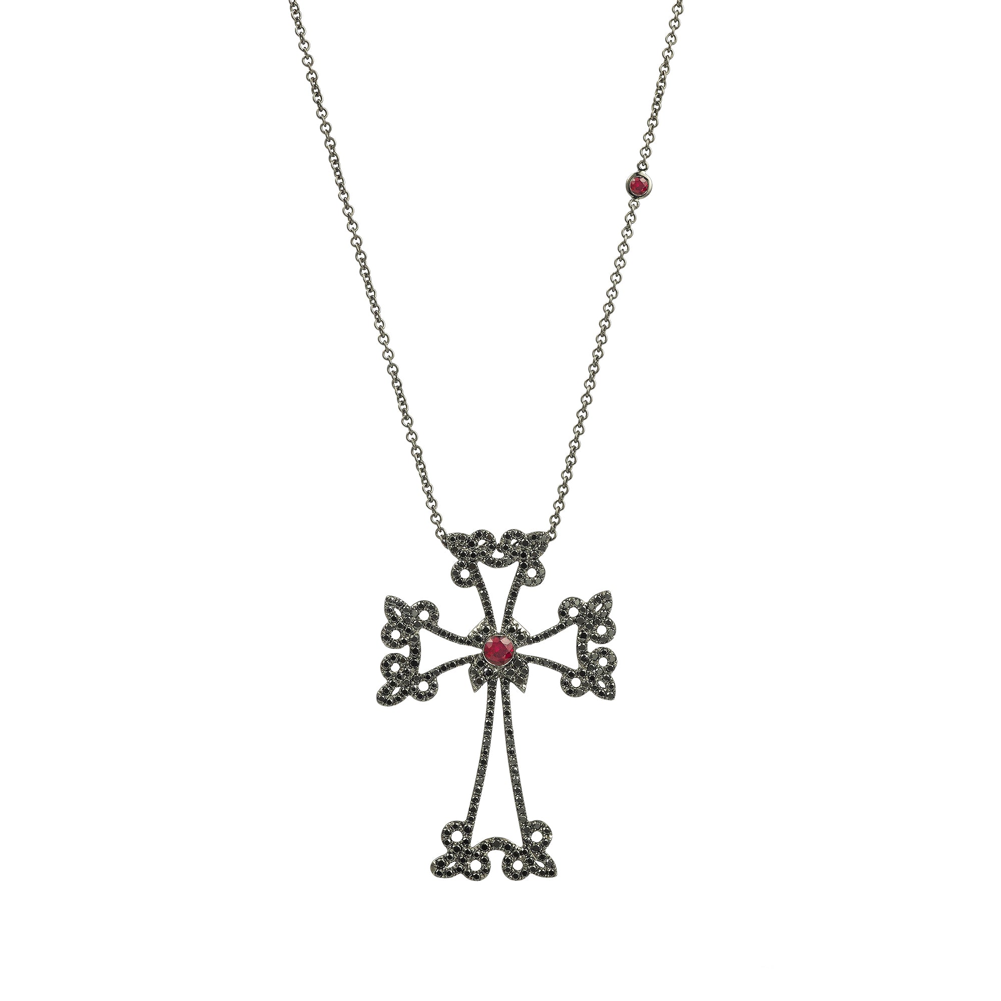 Sacred Talisman Cross Divine 14K black gold necklace with ruby
