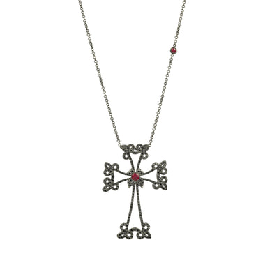 14K black gold Sacred Talisman Cross Divine with pavé black diamonds and ruby