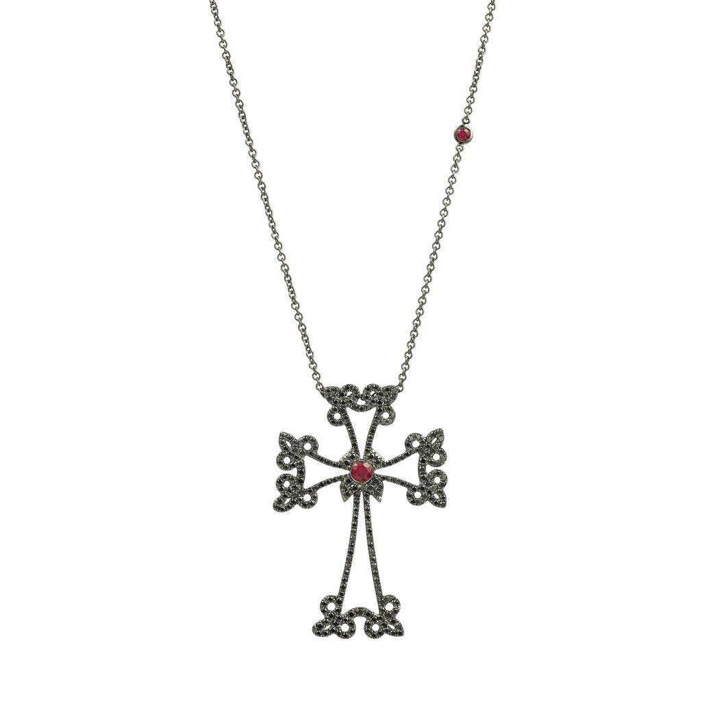 14K black gold Sacred Talisman Cross Divine with pavé black diamonds and ruby