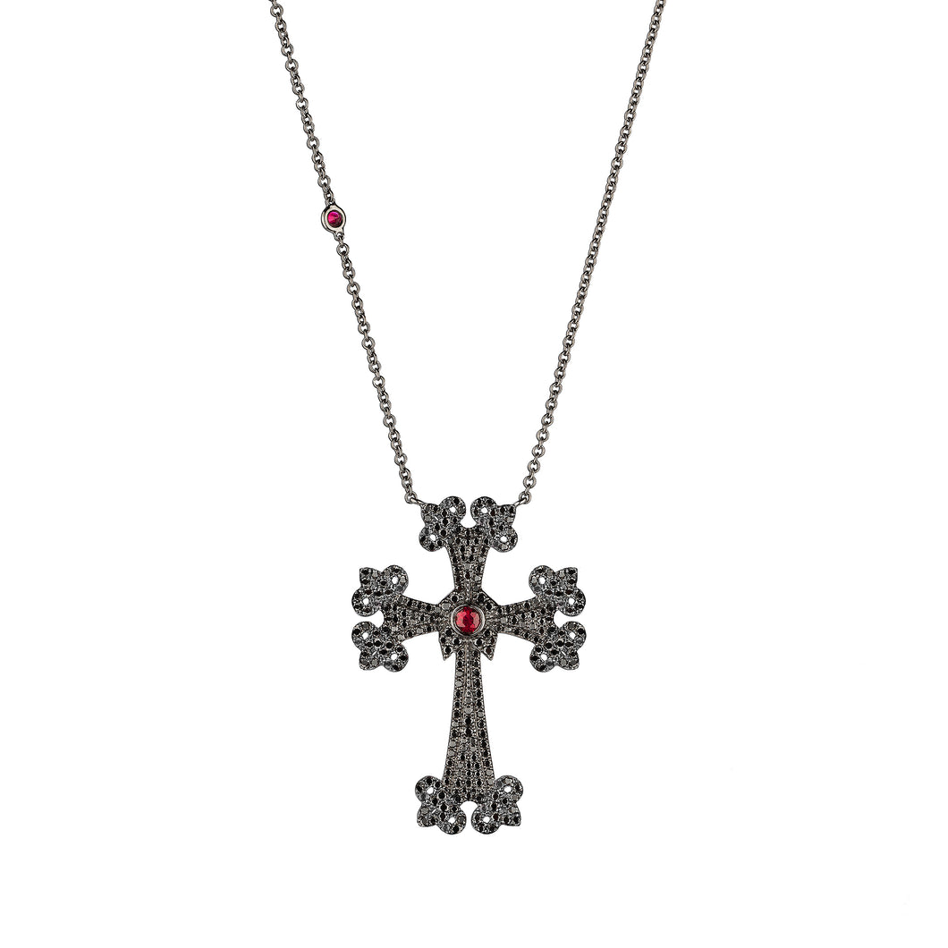 14K black gold Sacred Talisman Cross with pavé black diamonds and ruby
