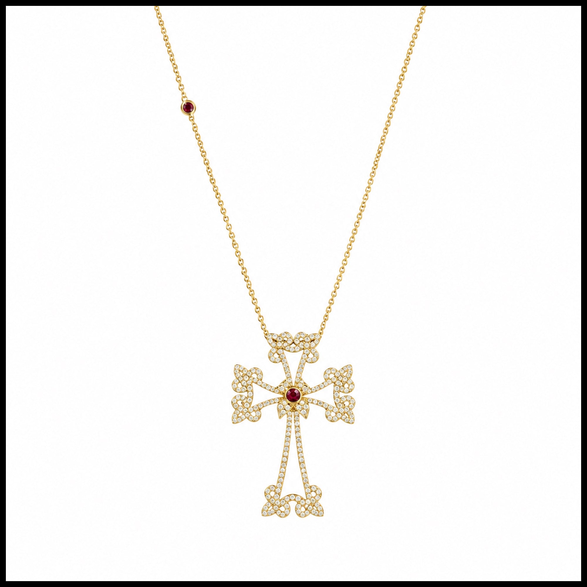 Sacred Talisman Divine Cross Pendant in 14K Yellow Gold with White Diamonds and Ruby