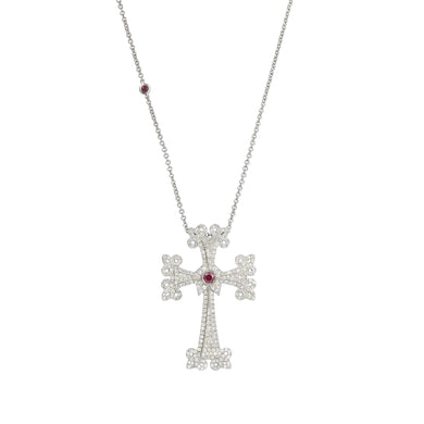 14K white gold Sacred Talisman Cross Eternal with pavé white diamonds and ruby