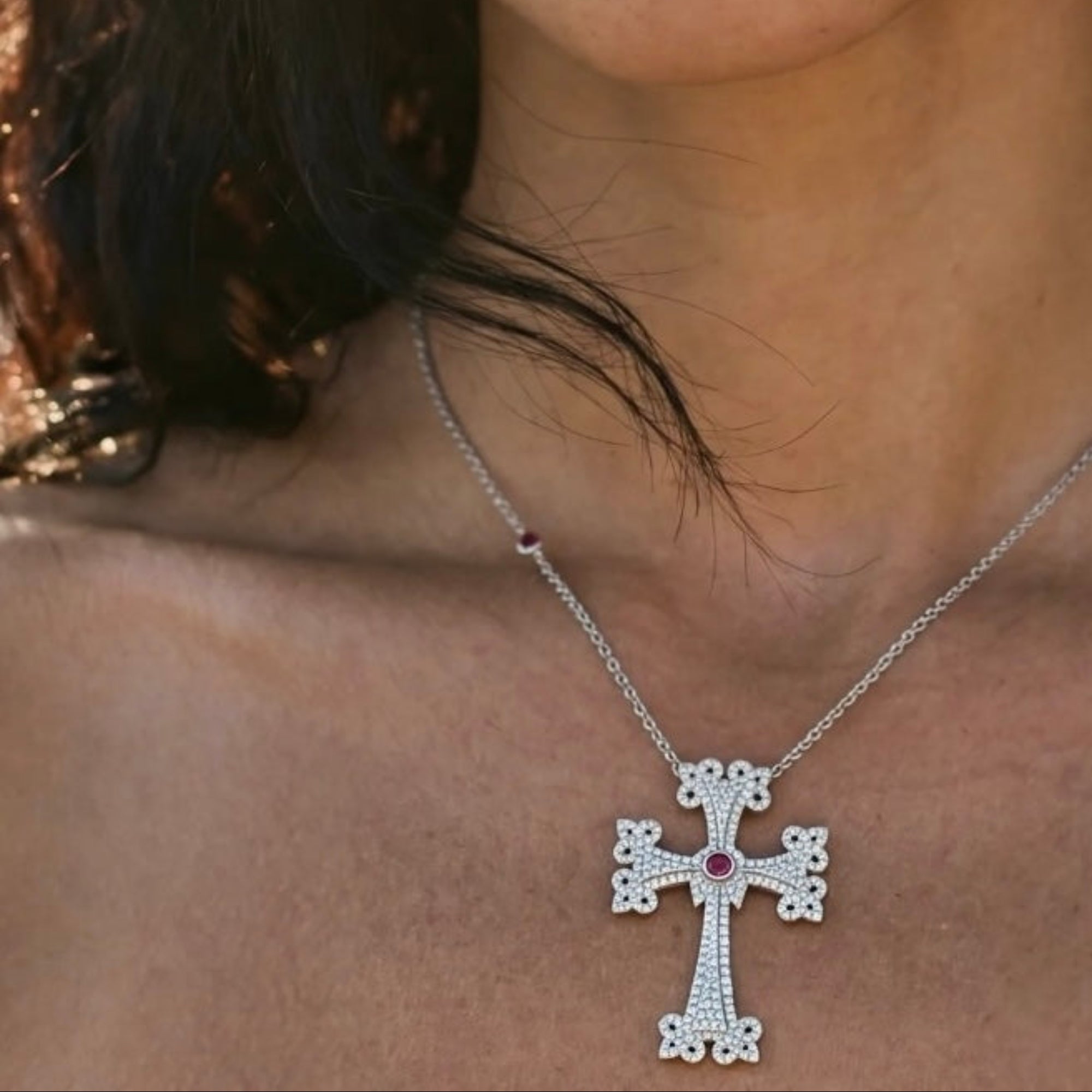 Sacred Talisman Eternal Cross Pendant in 14K White Gold with White Diamonds and Ruby