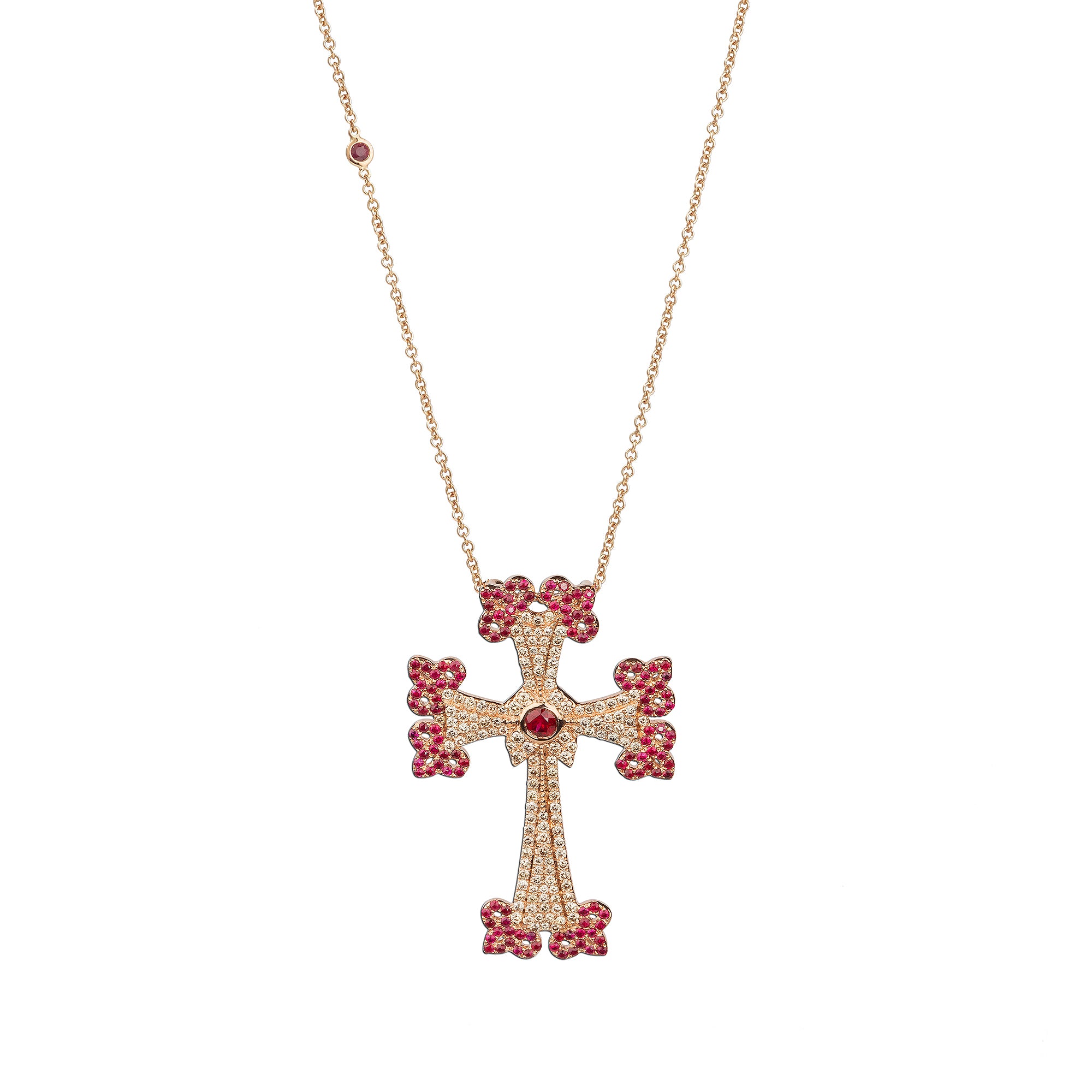 Sacred Talisman Cross Infinite 14K rose gold necklace with rubies
