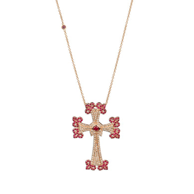14K rose gold Sacred Talisman Cross Infinite with pavé brown diamonds and rubies