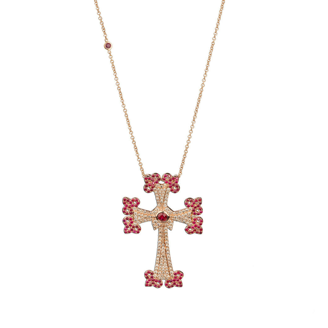 14K rose gold Sacred Talisman Cross Infinite with pavé brown diamonds and rubies