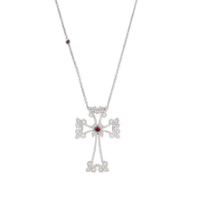 Load image into Gallery viewer, 14K white gold Sacred Talisman Cross Divine with pavé white diamonds and ruby
