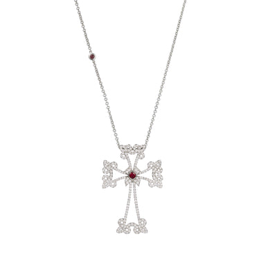 14K white gold Sacred Talisman Cross Divine with pavé white diamonds and ruby