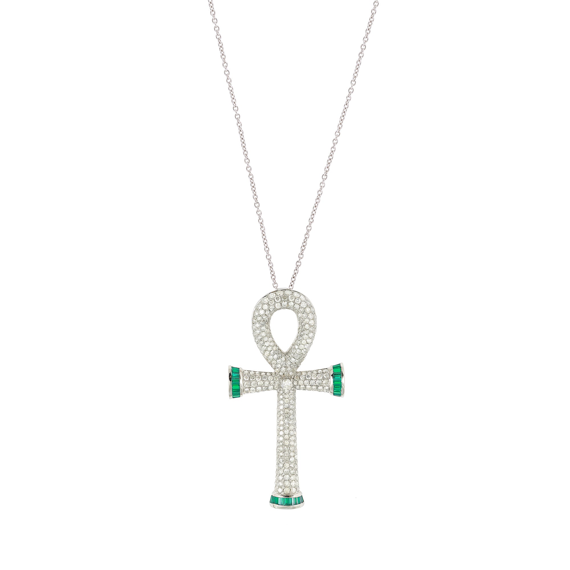 Sacred Talisman Cross of Life Pendant in 14K White Gold with White Diamonds and green tsavorites
