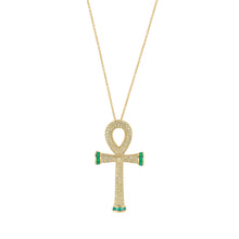 Load image into Gallery viewer, The Sacred Talisman Cross of Life &quot;The Ankh&quot; in Yellow Gold, White Diamonds and Green Tsavorite - Timeless Expression with a Divine Protection and Guidance
