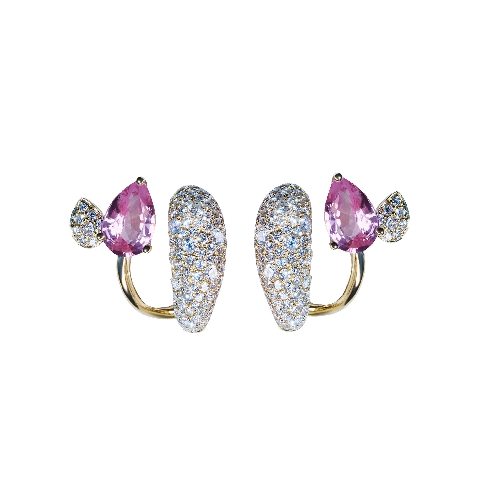 Sireliss earrings in 14K gold with pear-shaped pink sapphires and white diamonds