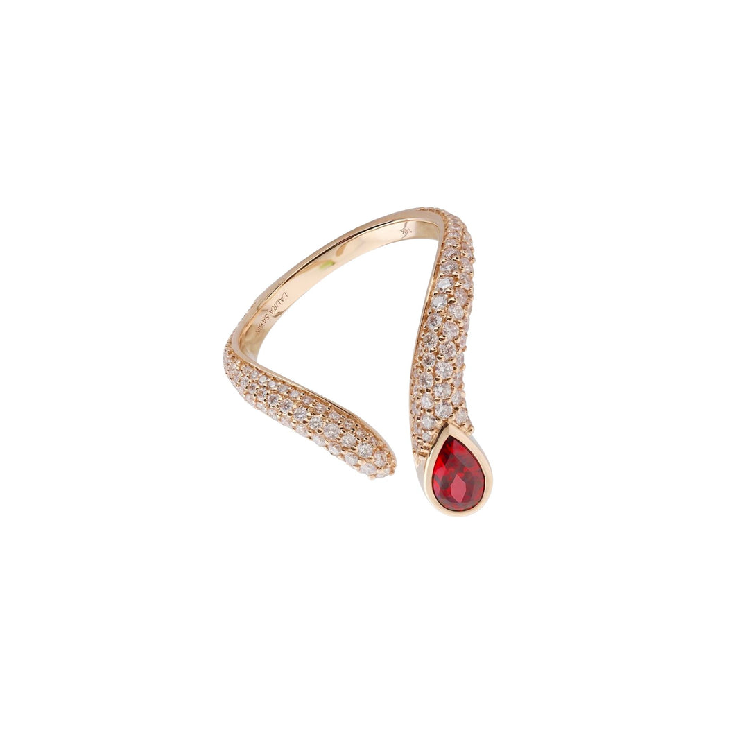 Sireliss V Ring 14K rose gold pear red garnet ring
