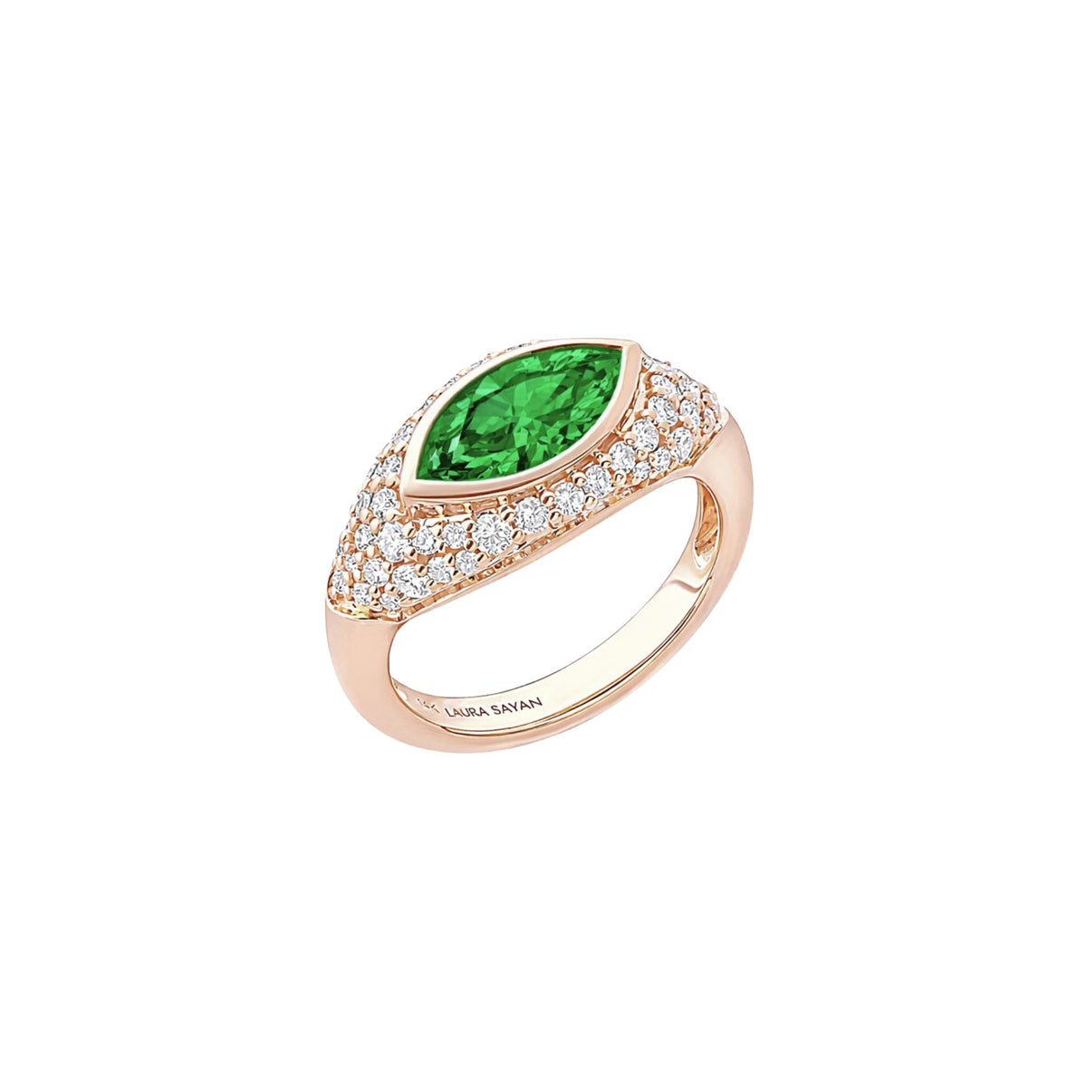 Sona Green Tsavorite Marquise Pinky Ring in 14K Rose Gold with White Diamonds