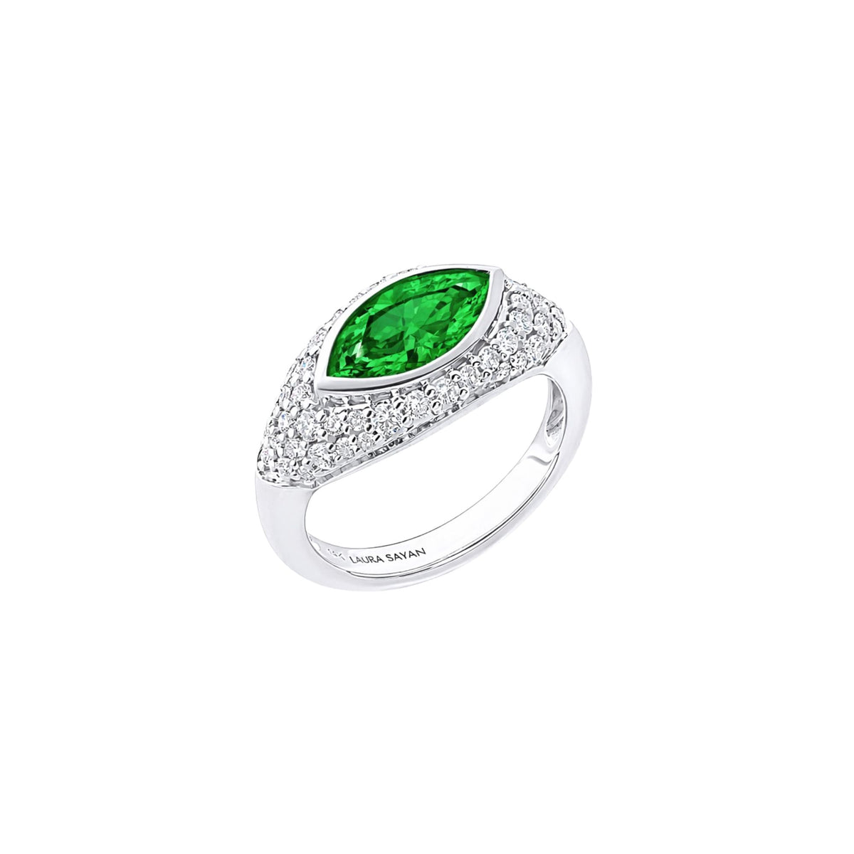 Sona Green Tsavorite Marquise Pinky Ring in 14K White Gold with White Diamonds
