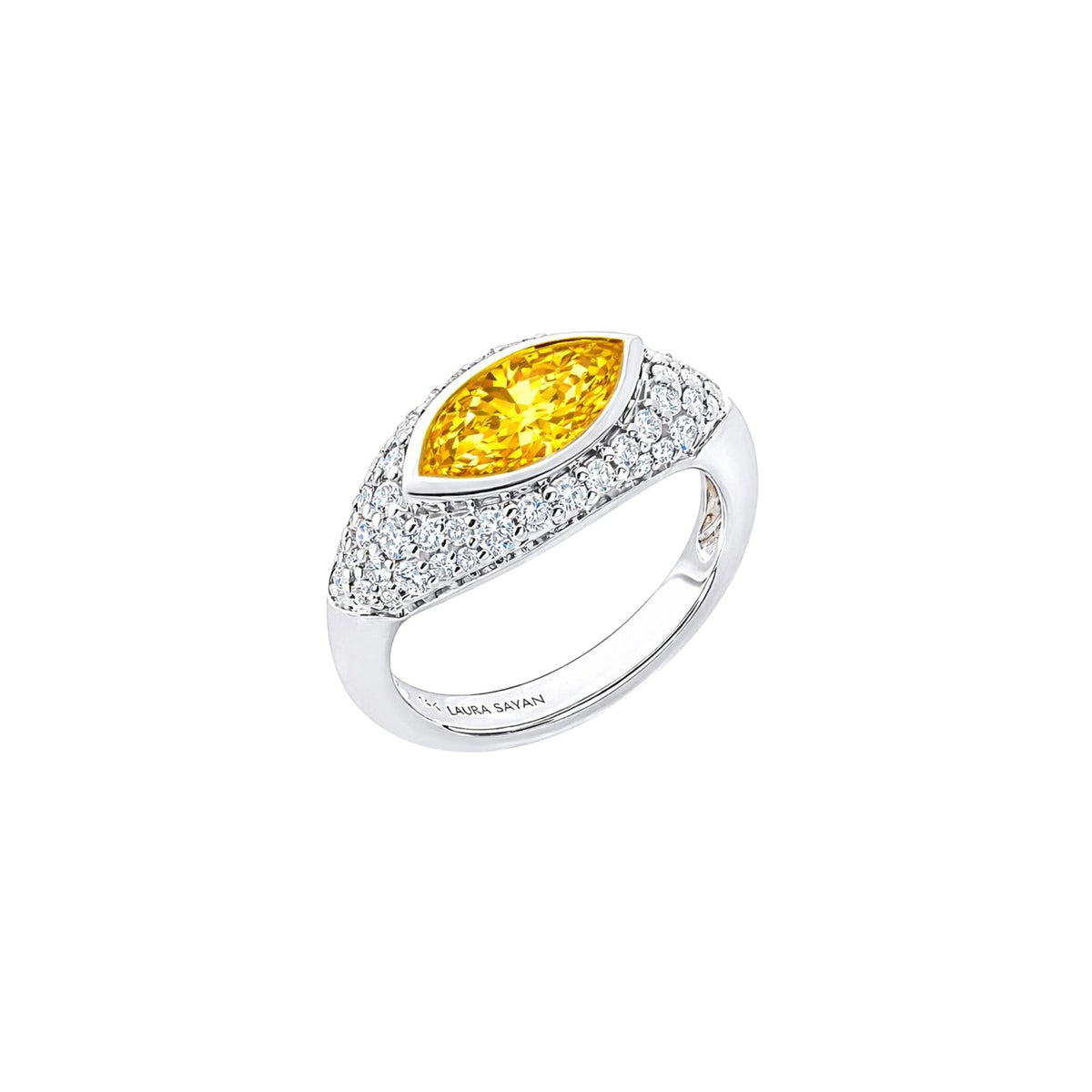 Sona Yellow Sapphire Marquise Pinky Ring in 14K White Gold with White Diamonds