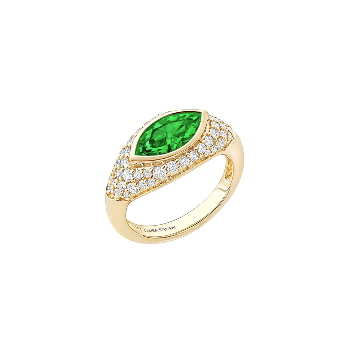 Sona Green Tsavorite Marquise Pinky Ring in 14K Yellow Gold with White Diamonds