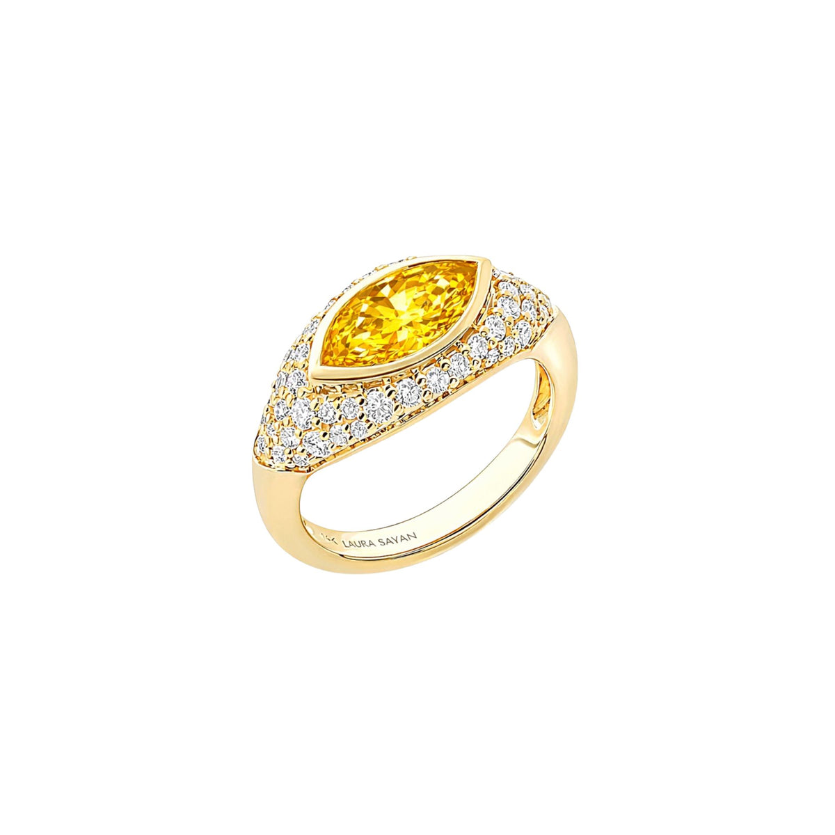 Sona Yellow Sapphire Marquise Pinky Ring in 14K Yellow Gold with White Diamonds