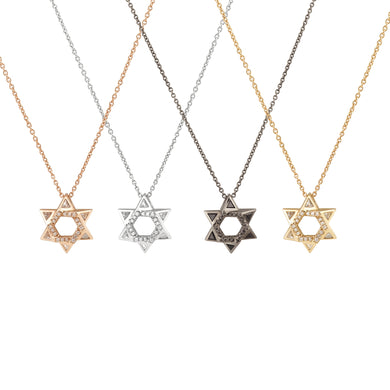 Sacred Talisman Star of David necklaces in 14K yellow, white, rose, and black gold with diamonds and gemstones