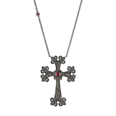 14K black gold Sacred Talisman Cross with pavé black diamonds and ruby