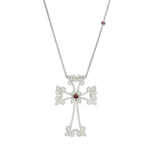 Load image into Gallery viewer, 14K white gold Sacred Talisman Cross Divine with pavé white diamonds and ruby
