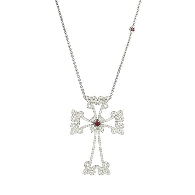 14K white gold Sacred Talisman Cross Divine with pavé white diamonds and ruby