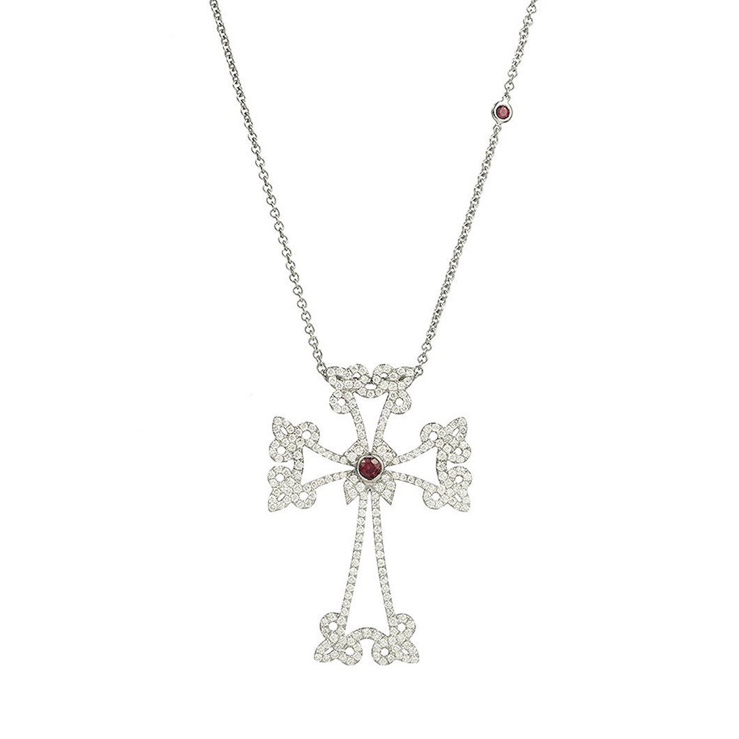 14K white gold Sacred Talisman Cross Divine with pavé white diamonds and ruby