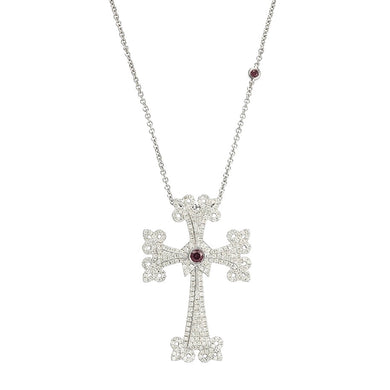 14K white gold Sacred Talisman Cross Eternal with pavé white diamonds and ruby