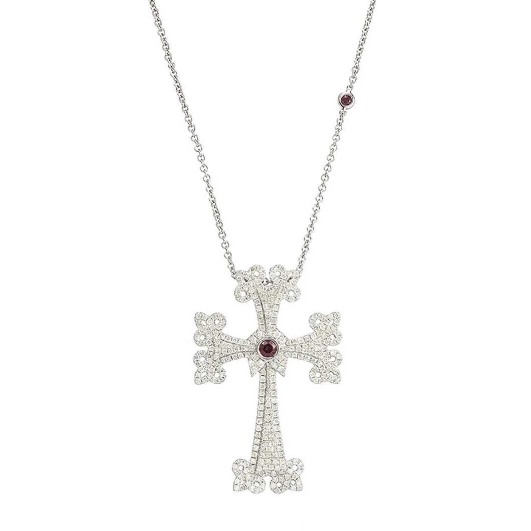 14K white gold Sacred Talisman Cross Eternal with pavé white diamonds and ruby