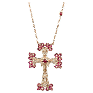 14K rose gold Sacred Talisman Cross Infinite with pavé brown diamonds and rubies